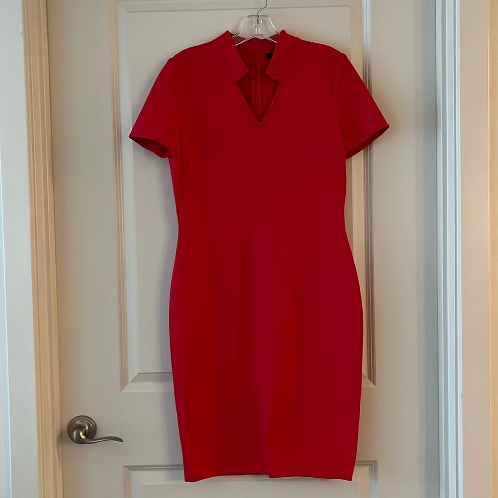 St. John Bright Red Dress with Collared V-Neck and Short Sleeves
